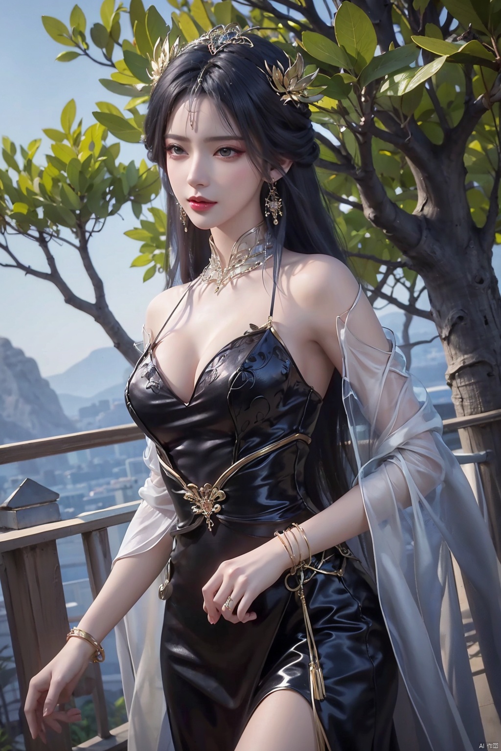 1girl ￼ solo ￼ long hair ￼ breasts ￼ looking at viewer ￼ black hair ￼ hair ornament ￼ dress ￼ cleavage ￼ jewelry ￼ medium...