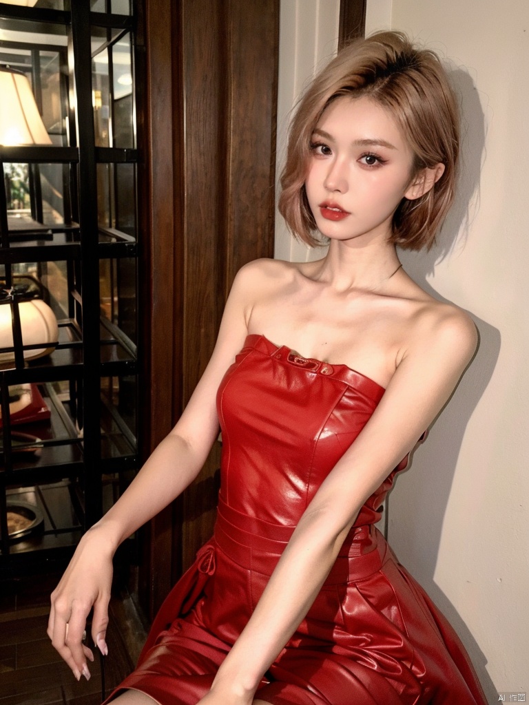  1, 1girl, short hair, brown hair, solo, dress, brown eyes, looking at viewer, holding, red dress, parted lips, bare shoulders, indoors, lips, upper body, sleeveless