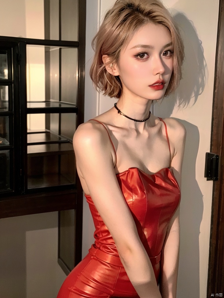  1, 1girl, short hair, brown hair, solo, dress, brown eyes, looking at viewer, holding, red dress, parted lips, bare shoulders, indoors, lips, upper body, sleeveless