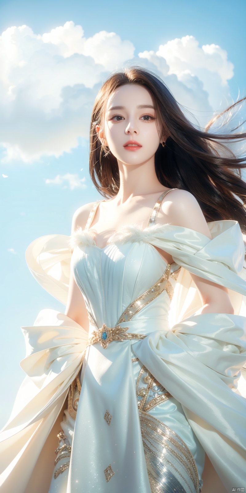  cowboy_shot,(Good structure), Masterpiece, (ultra wide angle lens: 1.2), Unity8k wallpaper, best quality, (detail shadow: 1.1), a beautiful girl, on a sea of light blue silk, translucent silk, floating light blue silk, surrealist style, minimalism, highly detailed texture, light blue, white clean background, CG rendering, light passing through clouds, 8k resolution, (motion photo: 1.2), (Fidelity: 1.4), original photos, movie lighting, 1girl,, , dililengba, ((poakl))