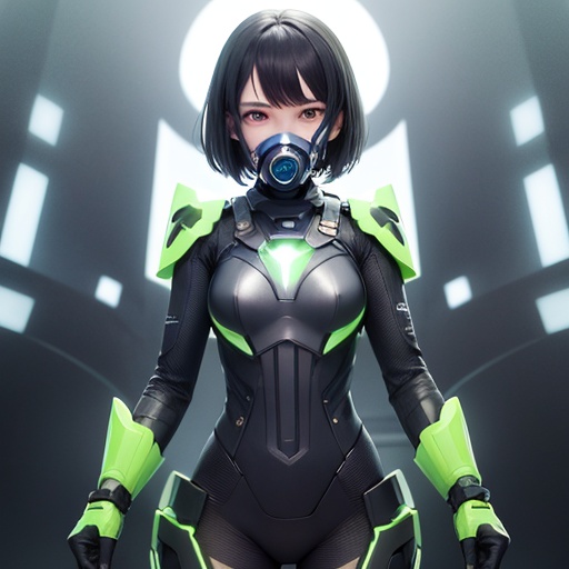 1girl, none, gas mask, solo, glowing, armor, operator suit, bodysuit, science_fiction, black|green theme, viper \(valorant\), short hair, (black hair), green inner hair, moderate breasts