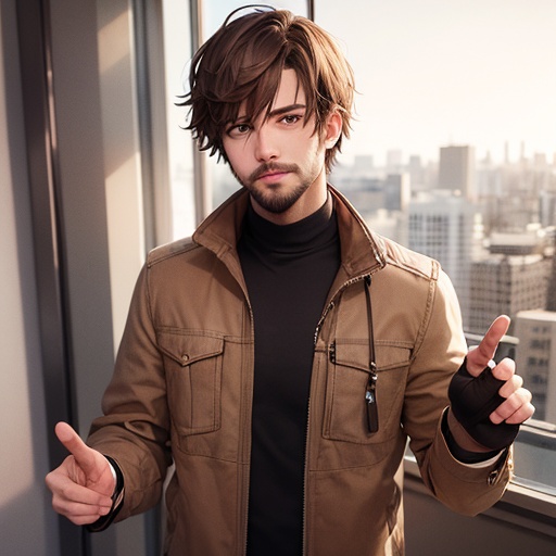(day),high rise apartment, windows,brown jacket,fingerless gloves, jacket, long sleeves,beard,facial hair, forehead,brown hair,green eyes,Bangs,Short hair,1 Man, 40yo,male,looking at viewer,NSFW,official art,extremely detailed CG unity 8k wallpaper, perfect lighting,Colorful, Bright_Front_face_Lighting,(masterpiece:1.0),(best_quality:1.0), ultra high res,4K,ultra-detailed,photography, 8K, HDR, highres, absurdres:1.2, Kodak portra 400, film grain, blurry background, bokeh:1.2, lens flare, (vibrant_color:1.2)