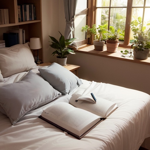 Bedroom,window,transparent window,large window,green plant,warm color,warm atmosphere,bed with quilt,desk,notebook computer on the desk,bedside is bookcase.,masterpiece,best quality,