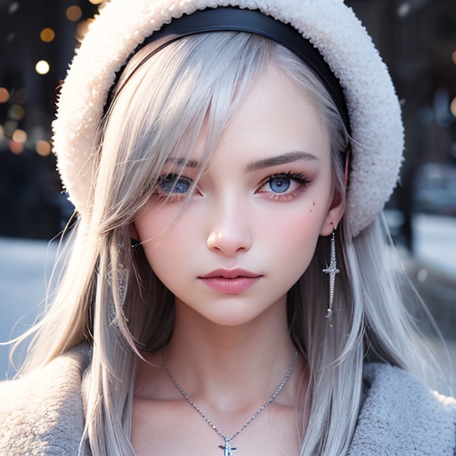1girl, goddess, realistic, ,(Best quality, 8k, 32k, Masterpiece, UHD:1.2),beautiful big eyes, round eyes, pretty face, very long hair, silver hair, white hairband, from front, best quality, ((realistic)), high quality, ultra detailed, ((Real picture)), ((realistic skin)),((realistic face)) , ((realistic body)), sidelighting, naturalm, [(detailed face:1.2):0.2], shiny eyes, looking at viewer, delicate,high quality, colorful, (photography, photorealistic:1.1), (perfect face:1.4),(lora:zrmswtt:0.95), dynamic angle, movie lighting, portrait, high definition image quality, sexy, 22(yo),beautiful body,(RAW photo, best quality), (realistic, realistic: 1.3), Perfect face, beautiful face, perfect eyes, beautiful eyes, very long hair, silver hair, white hairband, crystal earrings, cross necklace, winter, snowy day, White coat, big scarf, big earmuffs, Gothic church