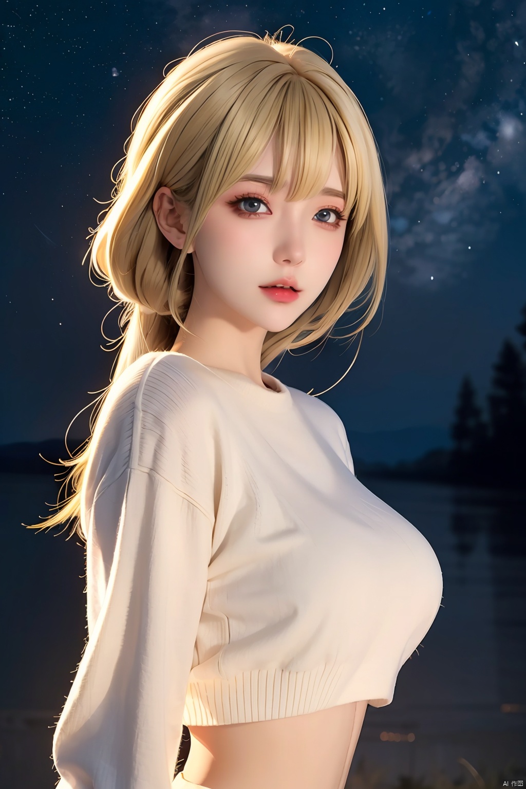 illustrator, anime, realistic, 1girl, lip, Sweater, order, Yellow gradient background, Neon hair, Textured crop, Canadian, (masterpiece, best quality),Big Breasts,Blonde hair,Starry sky background,<lora:EMS-303737-EMS:0.800000>