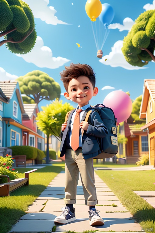 Xiaoming\(ip\), 1boy, male focus, solo, necktie, male child, bag, smile, full body, brown hair, backpack, looking at viewer, shoes, jacket, child,
happy paradise\(ip\),  outdoors, sky, plant, scenery, cloud, tree, grass, day, balloon, window, string of flags, house,
