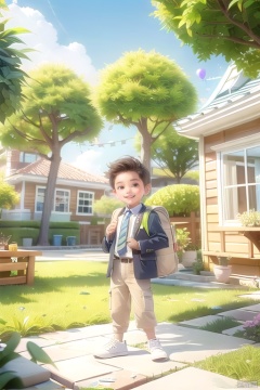 Xiaoming\(ip\), 1boy, male focus, solo, necktie, male child, bag, smile, full body, brown hair, backpack, looking at viewer, shoes, jacket, child,
happy paradise\(ip\),  outdoors, sky, plant, scenery, cloud, tree, grass, day, balloon, window, string of flags, house,
, guzhuang