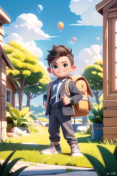Xiaoming\(ip\), 1boy, male focus, solo, necktie, male child, bag, smile, full body, brown hair, backpack, looking at viewer, shoes, jacket, child,
happy paradise\(ip\),  outdoors, sky, plant, scenery, cloud, tree, grass, day, balloon, window, string of flags, house,
masterpiece,best qualityhighly detailed,realistic rendering,unreal engine,octanerender,realistic rendering,