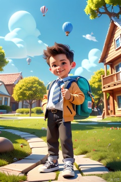 Xiaoming\(ip\), 1boy, male focus, solo, necktie, male child, bag, smile, full body, brown hair, backpack, looking at viewer, shoes, jacket, child,
happy paradise\(ip\),  outdoors, sky, plant, scenery, cloud, tree, grass, day, balloon, window, string of flags, house,
