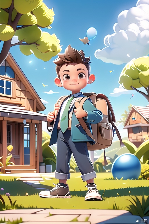 Xiaoming\(ip\), 1boy, male focus, solo, necktie, male child, bag, smile, full body, brown hair, backpack, looking at viewer, shoes, jacket, child,
happy paradise\(ip\),  outdoors, sky, plant, scenery, cloud, tree, grass, day, balloon, window, string of flags, house,
masterpiece,best qualityhighly detailed,realistic rendering,unreal engine,octanerender,realistic rendering,