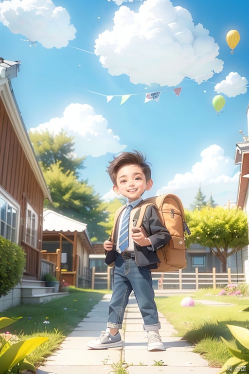 Xiaoming\(ip\), 1boy, male focus, solo, necktie, male child, bag, smile, full body, brown hair, backpack, looking at viewer, shoes, jacket, child,
happy paradise\(ip\),  outdoors, sky, plant, scenery, cloud, tree, grass, day, balloon, window, string of flags, house,
, guzhuang