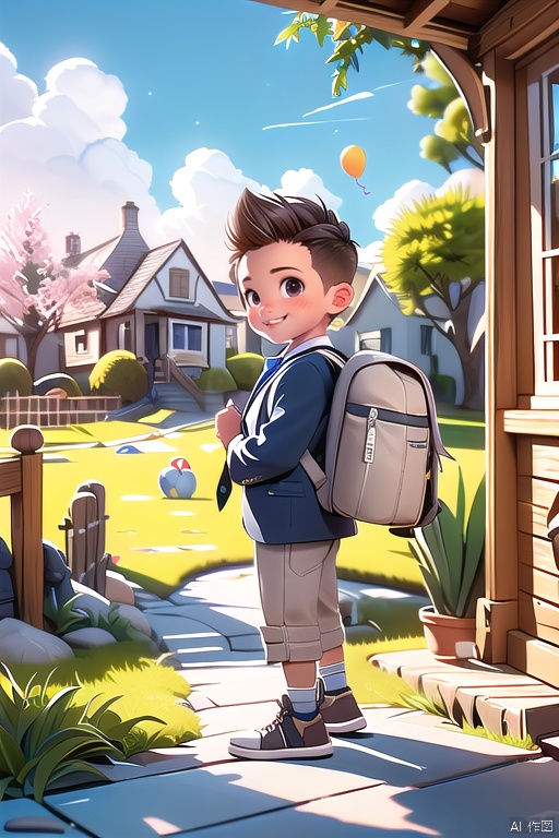 Xiaoming\(ip\), 1boy, male focus, solo, necktie, male child, bag, smile, full body, brown hair, backpack, looking at viewer, shoes, jacket, child,
happy paradise\(ip\),  outdoors, sky, plant, scenery, cloud, tree, grass, day, balloon, window, string of flags, house,
masterpiece,best qualityhighly detailed,realistic rendering,unreal engine,octanerender,realistic rendering, guzhuang, back cold light