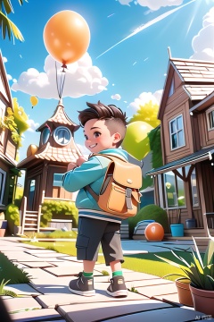 Xiaoming\(ip\), 1boy, male focus, solo, necktie, male child, bag, smile, full body, brown hair, backpack, looking at viewer, shoes, jacket, child,
happy paradise\(ip\),  outdoors, sky, plant, scenery, cloud, tree, grass, day, balloon, window, string of flags, house,
masterpiece,best qualityhighly detailed,realistic rendering,unreal engine,octanerender,realistic rendering, guzhuang, back cold light