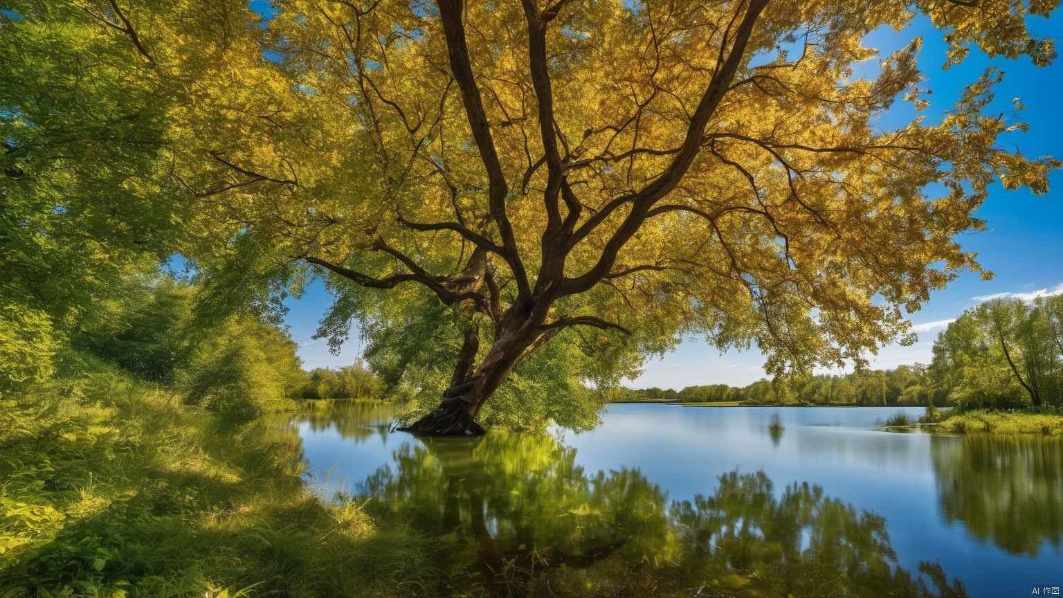  Overlooking,,(tree 9.9),(Representative), (boutique), Ultra HD, 
, reflection, masterpiece, true light and shadow, wide Angle, outdoors, sky, day, cloud, 
, tree, blue sky, no humans, nature, scenery, SDXL, 