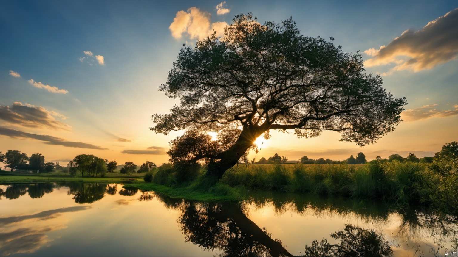  Overlooking,,(tree 9.9),(Representative), (boutique), Ultra HD, 
, reflection, masterpiece, true light and shadow, wide Angle, outdoors, sky, day, cloud, 
, tree, blue sky, no humans, nature, scenery, SDXL, 