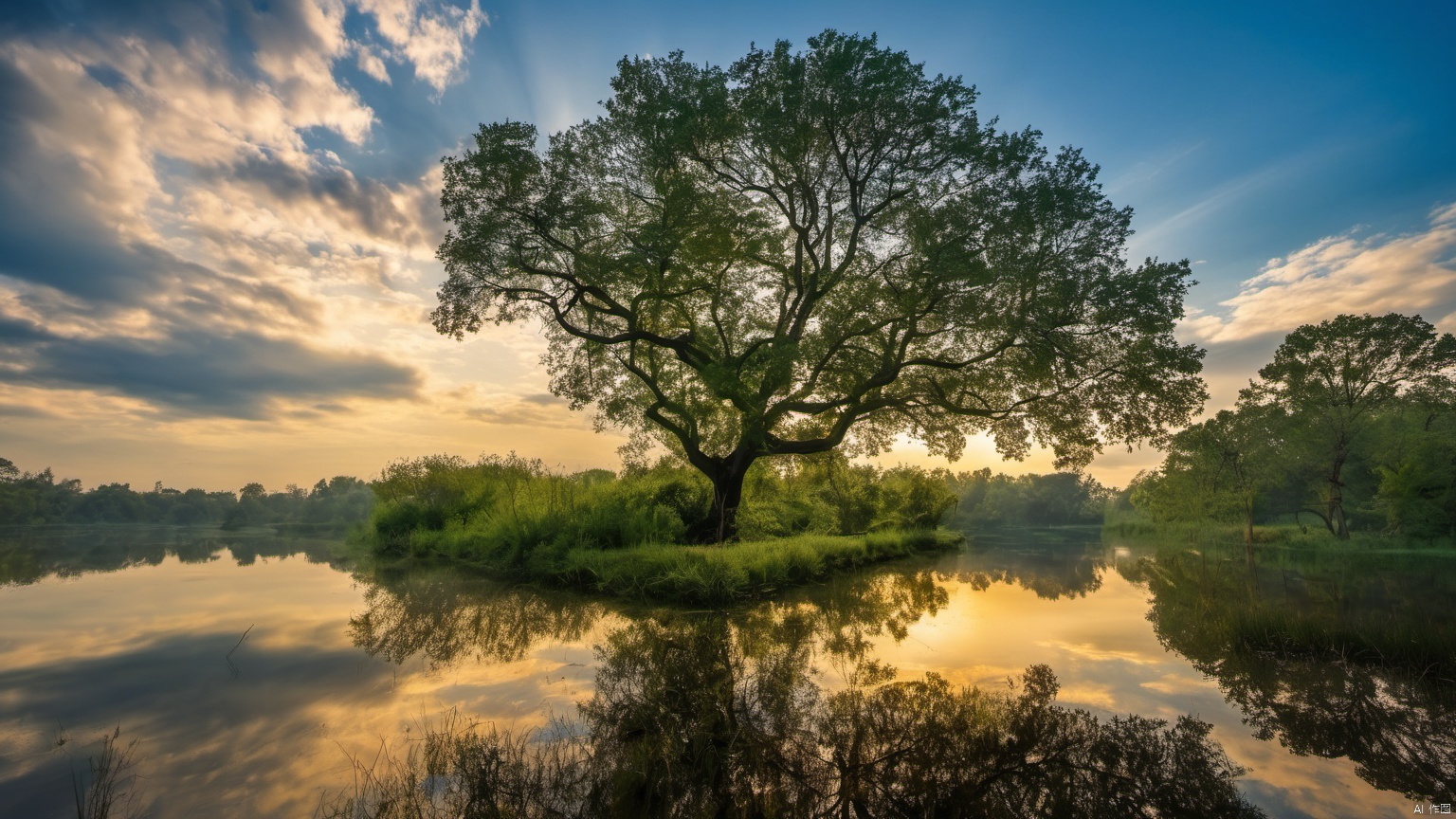  Overlooking,,(tree 9.9),(Representative), (boutique), Ultra HD, 
, reflection, masterpiece, true light and shadow, wide Angle, outdoors, sky, day, cloud, 
, tree, blue sky, no humans, nature, scenery, SDXL, 