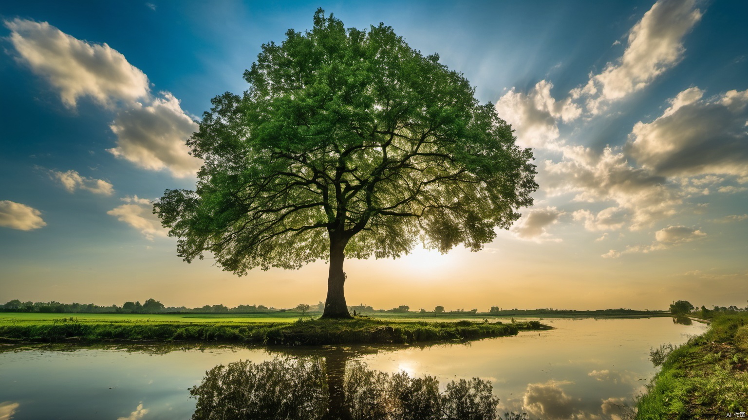  Overlooking,,(tree 9.9),(Representative), (boutique), Ultra HD, 
, reflection, masterpiece, true light and shadow, wide Angle, outdoors, sky, day, cloud, 
, tree, blue sky, no humans, nature, scenery, SDXL, 