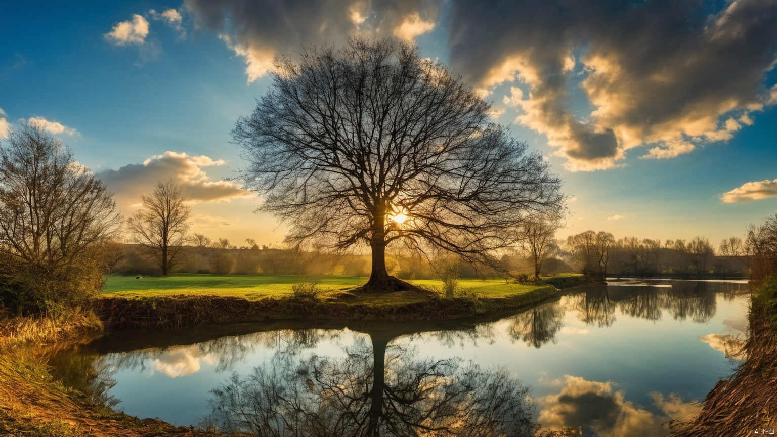  Overlooking,,(tree 9.9),(Representative), (boutique), Ultra HD, 
, reflection, masterpiece, true light and shadow, wide Angle, outdoors, sky, day, cloud, 
, tree, blue sky, no humans, nature, scenery, SDXL, 
