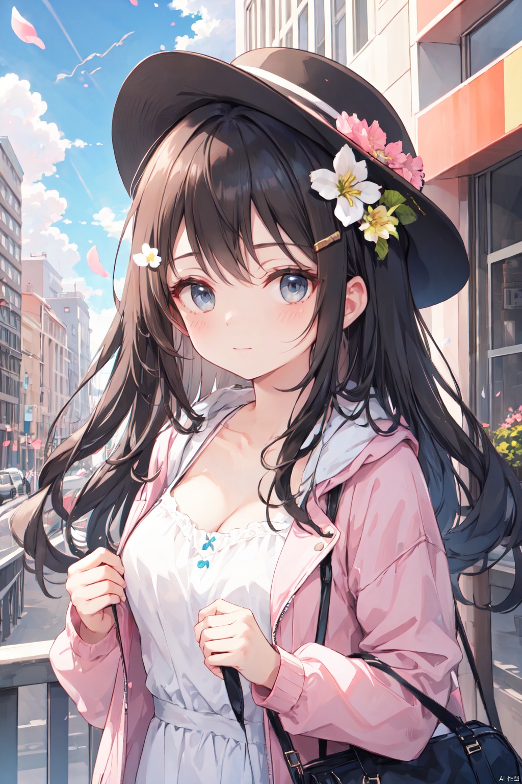 1girl, solo, long hair, breasts, looking at viewer, blush, smile, bangs, black hair, hair ornament, long sleeves, hat, dress, holding, cleavage, brown eyes, medium breasts, closed mouth, collarbone, jacket, upper body, flower, outdoors, open clothes, sky, day, hairclip, cloud, open jacket, blue sky, petals, cloudy sky, white flower, wind, building, city, railing, holding flower, cityscape, pink jacket, instrument case,loli