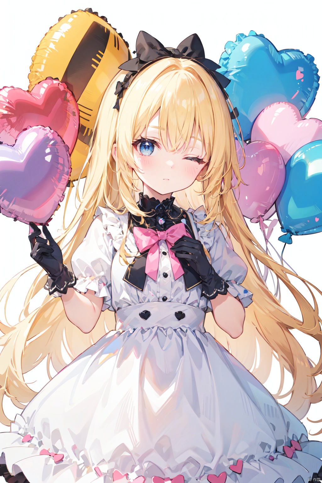 1girl, artist_name, balloon, bangs, blonde_hair, blush, bow, closed_mouth, dress, eyebrows_visible_through_hair, frills, gloves, heart, heart_balloon, heart_pillow, holding, long_hair, looking_at_viewer, one_eye_closed, pink_bow, simple_background, smile, solo, very_long_hair, white_background