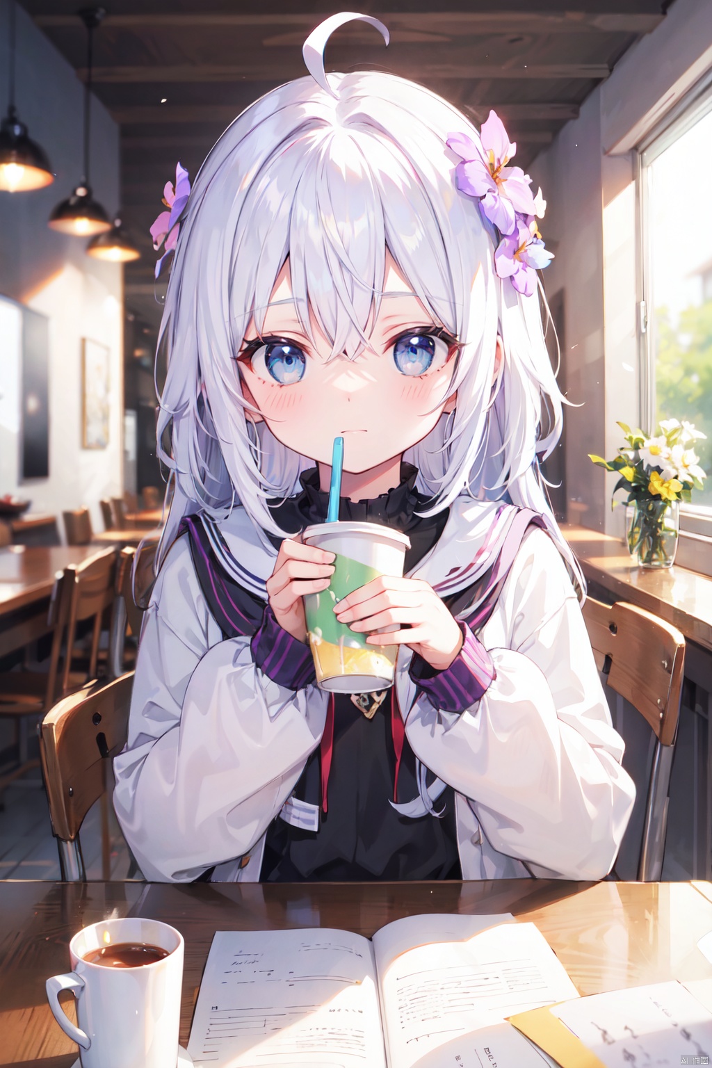 1girl, ahoge, blue_eyes, blurry, blurry_background, blurry_foreground, blush, chair, cup, depth_of_field, drinking_straw, flower, hair_between_eyes, holding, long_sleeves, looking_at_viewer, motion_blur, purple_flower, sitting, solo, table, white_flower, white_hair