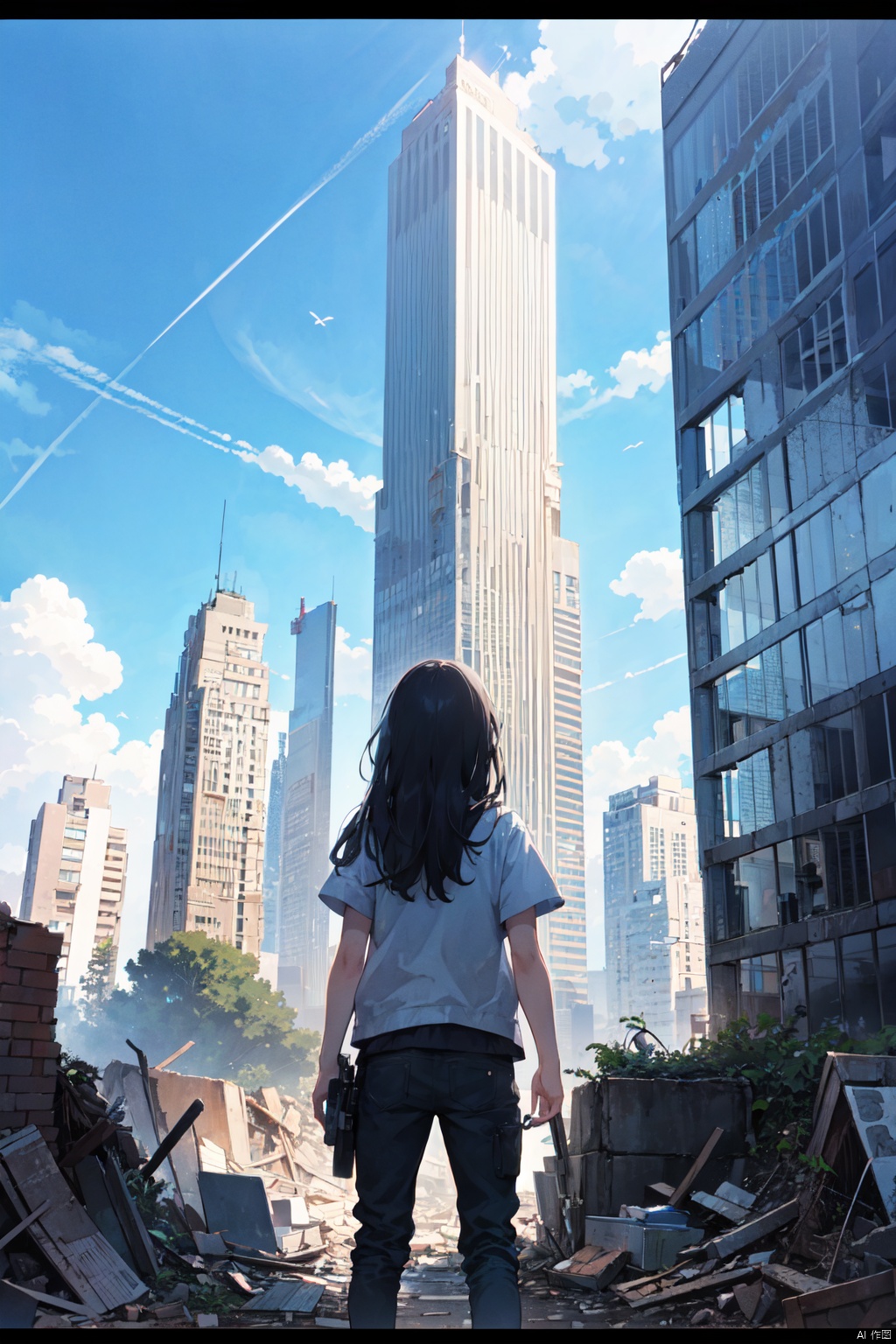
1girl, solo, long hair, black hair, standing, outdoors, sky, day, cloud, from behind, blue sky, letterboxed, building, scenery, city, ruins, skyscraper, rubble, overgrown, post-apocalypse