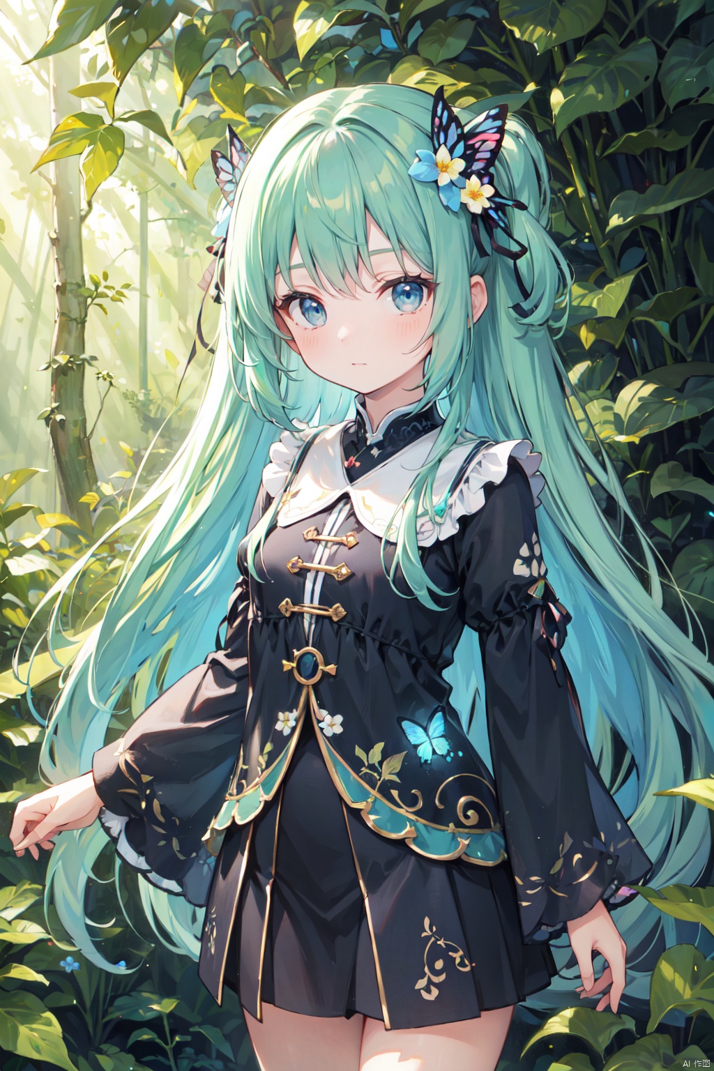  1 girl, surrounded by big leaf plants, wearing flower accessories, (Old-growth forest), (long hair) puberty, young girl, bright outline,Butterfly Dance,surrealistic,tuyawang, senlin