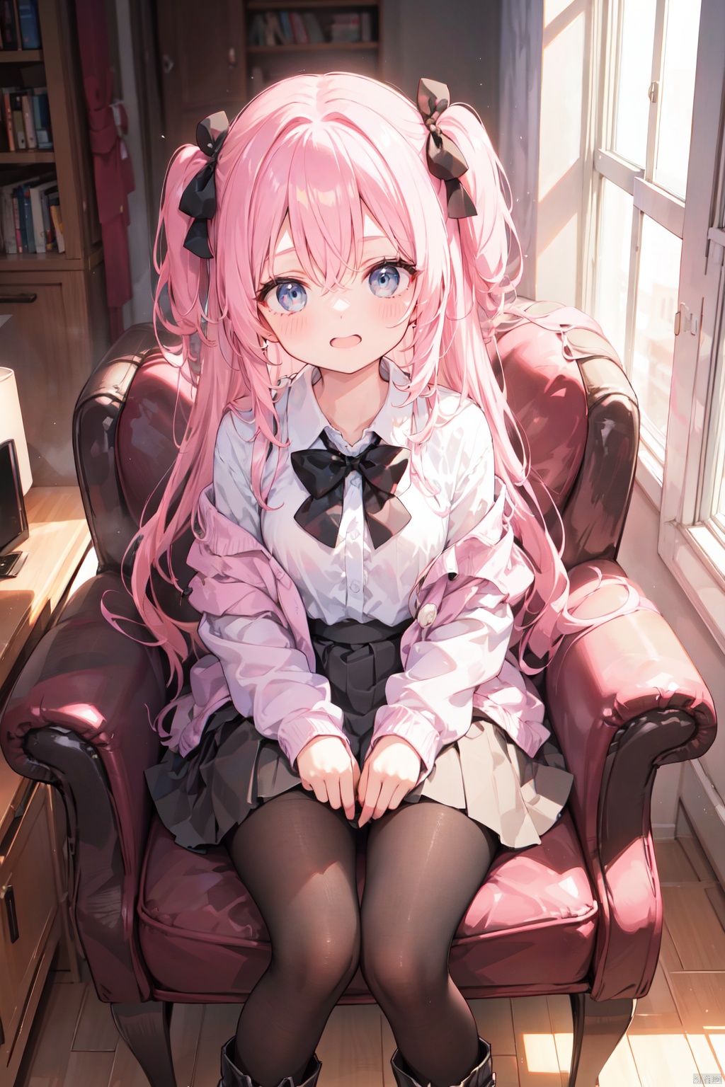  1girl, solo, long hair, breasts, looking at viewer, blush, open mouth, bangs, skirt, shirt, long sleeves, bow, ribbon, hair between eyes, medium breasts, sitting, very long hair, pink hair, hair bow, pantyhose, boots, teeth, puffy sleeves, indoors, hand up, black pantyhose, black bow, feet out of frame, one side up, upper teeth only, chair, white skirt, pink shirt, pink jacket, on chair, armchair,from above,ruins,close