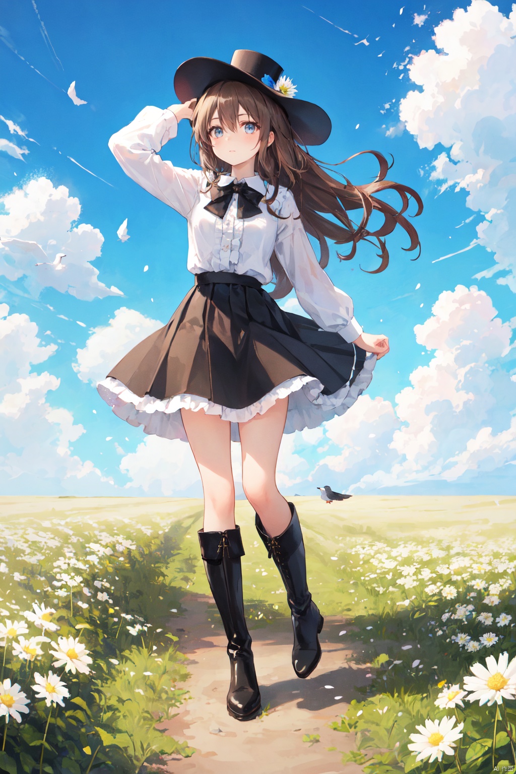 1girl, bangs, bird, black_footwear, black_headwear, blue_flower, blue_sky, blush, boots, bouquet, bow, brown_eyes, brown_hair, cloud, cloudy_sky, daisy, dandelion, day, dove, eyebrows_visible_through_hair, field, flower, flower_field, frills, full_body, hair_between_eyes, hat, holding_flower, knee_boots, leaf, leaves_in_wind, lily_\(flower\), long_hair, long_sleeves, looking_at_viewer, mini_hat, mini_top_hat, petals, shirt, skirt, sky, solo, standing, top_hat, very_long_hair, white_flower, white_rose, white_shirt, yellow_flower