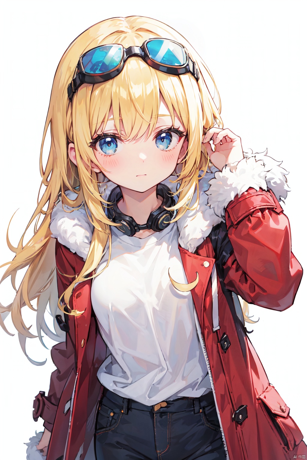 1girl, bangs, blonde_hair, blue_eyes, closed_mouth, coat, eyebrows_visible_through_hair, eyewear_on_head, fur-trimmed_coat, fur-trimmed_hood, fur-trimmed_jacket, fur_collar, fur_trim, goggles, goggles_on_head, goggles_on_headwear, jacket, long_hair, long_sleeves, looking_at_viewer, pants, red_jacket, shirt, simple_background, solo, sunglasses, white_background, white_shirt, winter_clothes