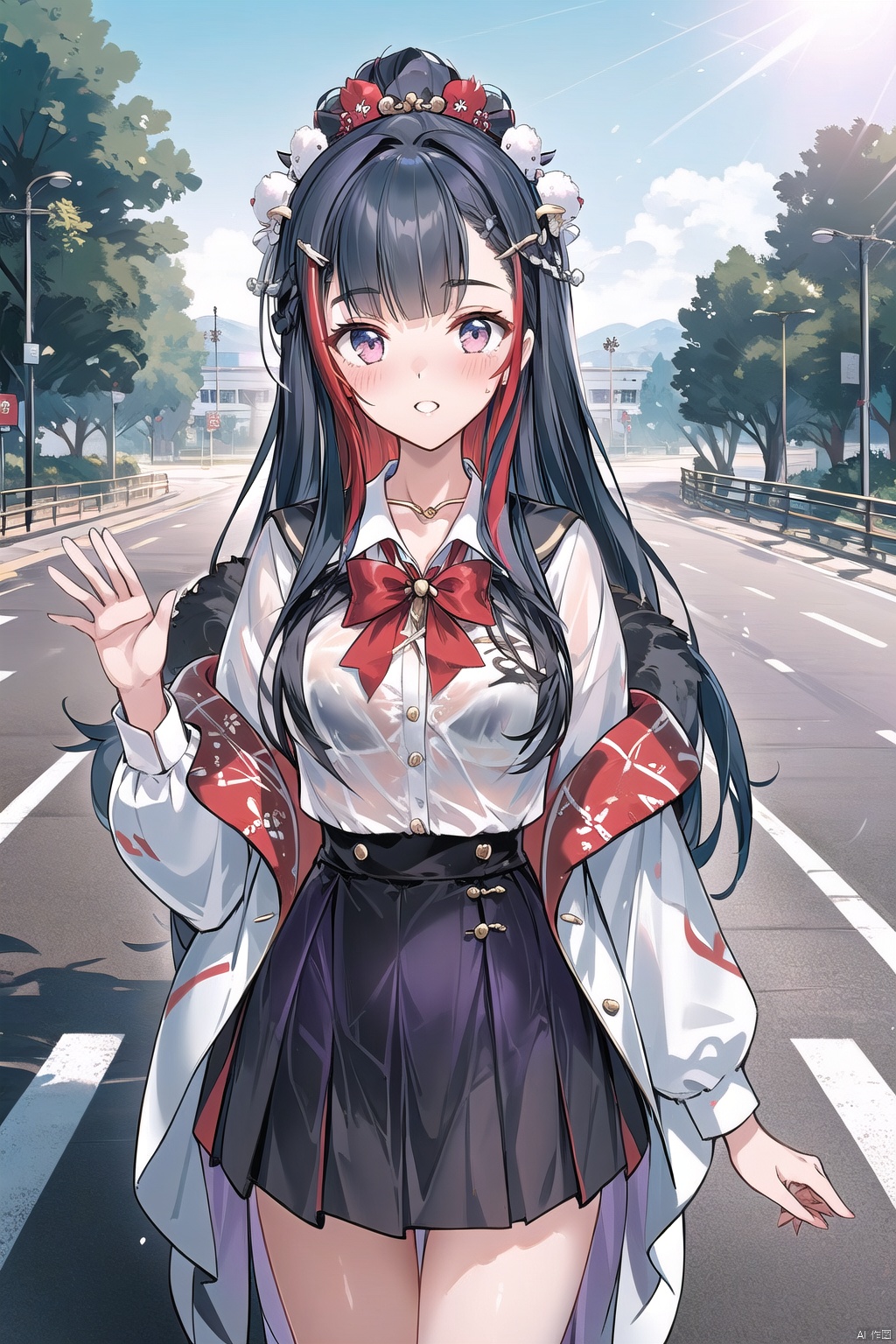  1girl, ((school girl)), ((school)), ((studengt)), ((white shirt)), ((dark purple skirt)),  ((jyq)), ((red streaked hair)), ((hair ornament)), ((waving)), (sunny), outdoor, on the road