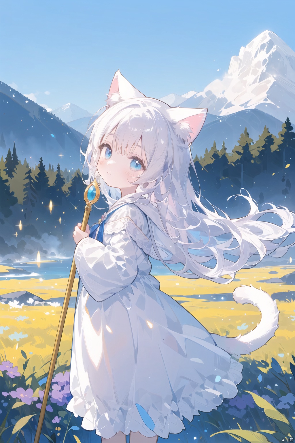  (a magical cat girl in wizard attire amidst majestic mountains:1.2), a breathtaking scene unfolds as a white-haired cat girl, adorned in a mesmerizing wizard's outfit, finds herself amidst towering mountains, (a mystical realm of nature's beauty:1.2), where the mountains stand tall and proud, veiled in an aura of enchantment and wonder, (elegant robes blending with the landscape:1.1), her flowing wizard robes harmonizing with the earthy tones of the mountains, (whimsical cat ears and tail contrasting with the grandeur:1.1), her playful feline features adding a touch of charm to the majestic scenery, (sparkling magical artifacts resonating with nature:1.1), her staff emitting a soft glow that resonates with the energy of the mountains, (wise and serene expression amidst the grandeur:1.1), her blue eyes reflecting a deep connection with the natural world, (dynamic pose embracing the mountain's power:1.1), capturing the cat girl's grace and harmony as she harnesses the magic of the mountains, inviting viewers to embark on a mystical journey through nature's realm, creating a moment of awe and reverence.
