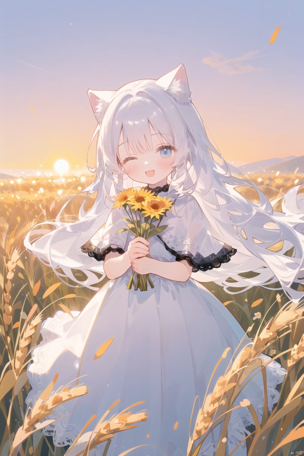  (drawn by Lynn Okamoto),center frame, sharp focus, (panorama, wide shot), best quality, masterpiece, extremely detailed, detailed background, (from above:1.2), 1girl, catgirl,solo,loli,blue eyes,white hair, closed eyes, smile, open mouth, skirt, long hair, wavy hair, on side, fluffy hair, , french , blush, smile, capelet, lace trim, bodice, sunset, long dress, dusk, scenery, gold sky, high place, horizon, wheat field, wheat ears, wind, wind blow, looking at viewer, (depth of field), bokeh, (holding a flower:1.3), (holding:1.2),(medium):0.5,
