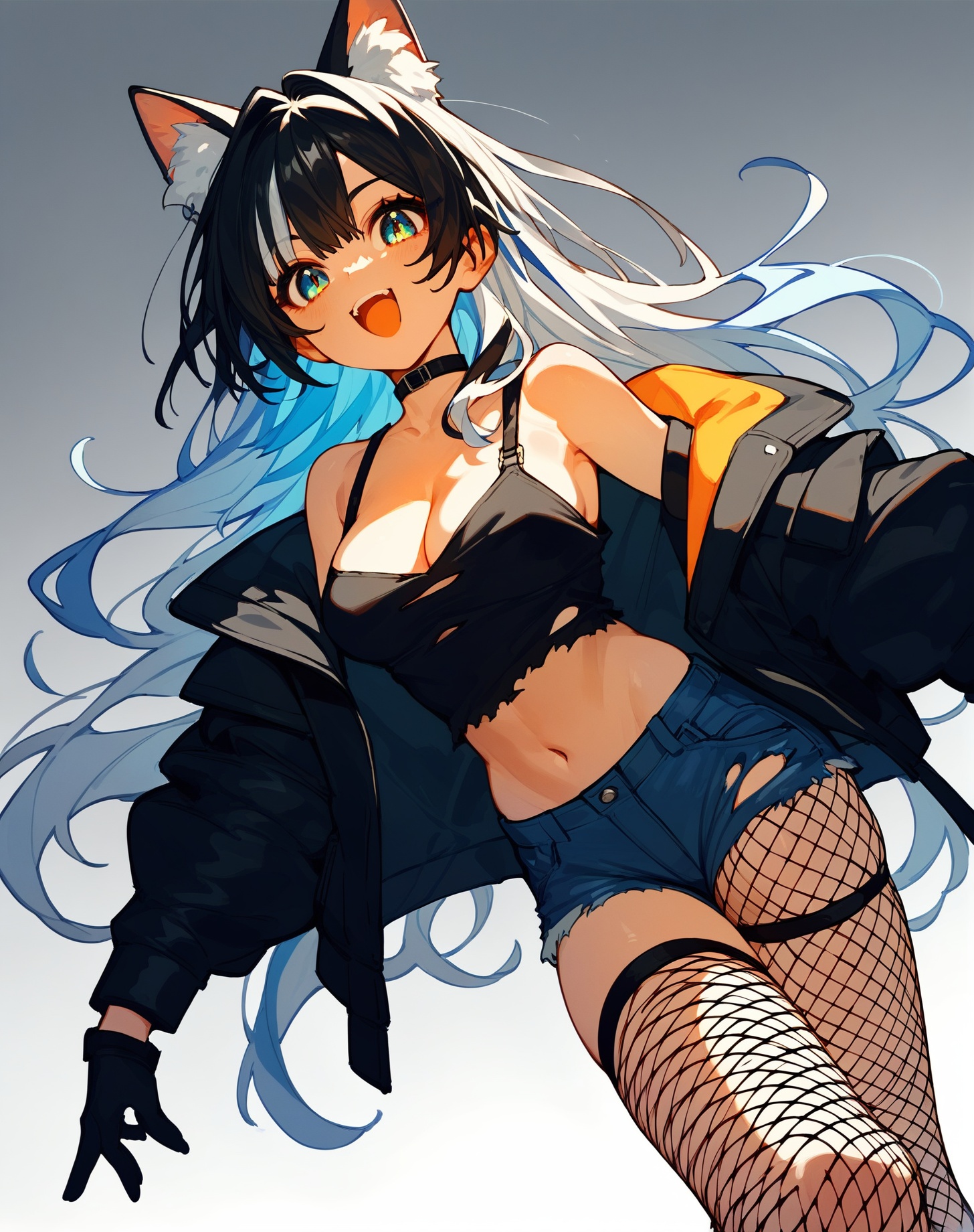(score_9,score_8_up,score_7_up,score_6_up,score_5_up,score_4_up),fishnet_legwear,fishnets,breasts,1girl,animal_ears,multicolored_hair,torn_clothes,long_hair,jacket,open_mouth,streaked_hair,cleavage,solo,off_shoulder,black_hair,shorts,bare_shoulders,denim,smile,gradient,looking_at_viewer,denim_shorts,cat_ears,gradient_background,