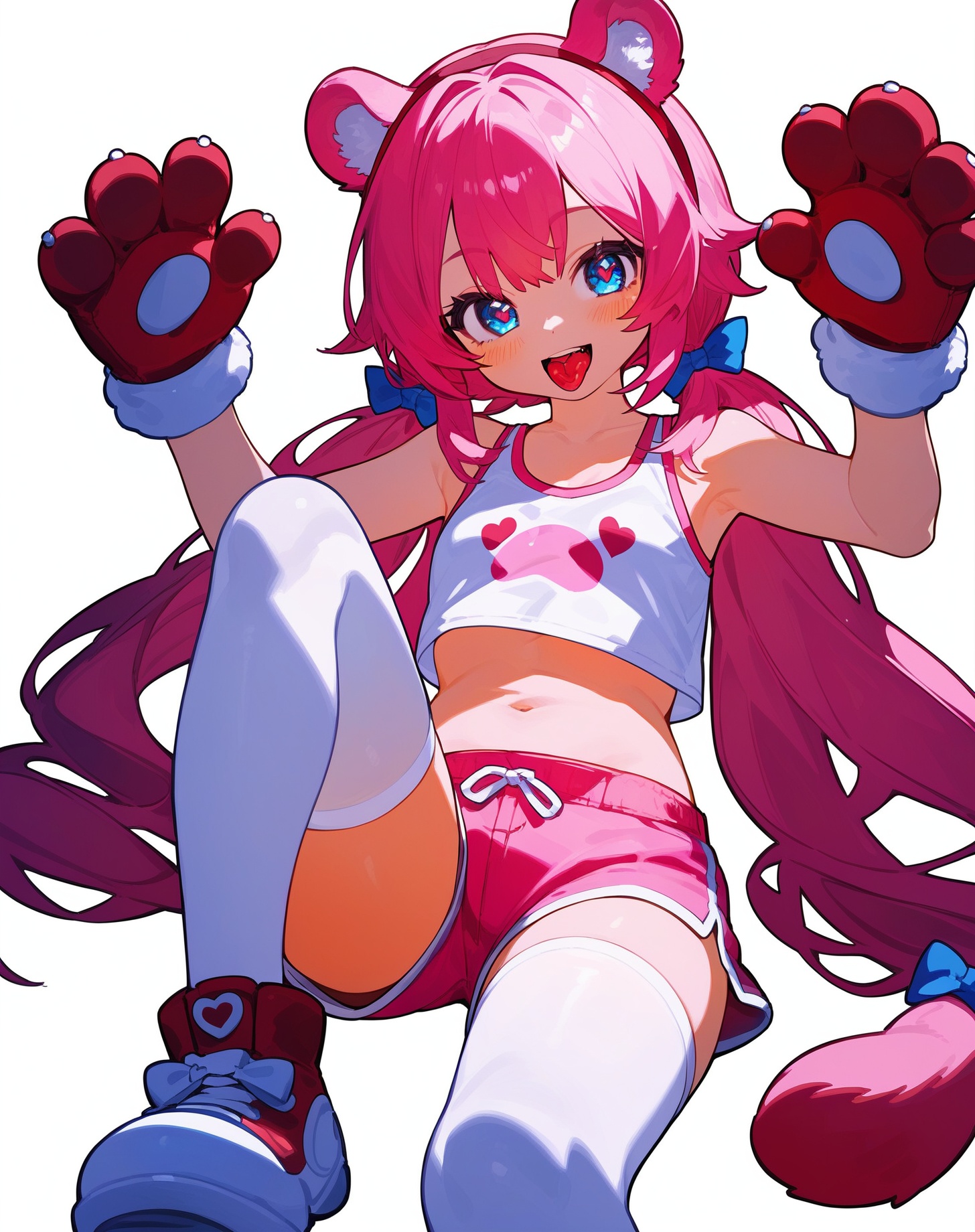 (score_9,score_8_up,score_7_up,score_6_up,score_5_up,score_4_up),solo,animal hands,thighhighs,shorts,long hair,animal ears,pink hair,twintails,white background,navel,1girl,paw gloves,simple background,gloves,tongue,white thighhighs,blue eyes,tongue out,bow,blush,short shorts,heart,looking at viewer,pink shorts,sitting,hair bow,midriff,low twintails,full body,**** top,crop top,:p,bear ears,white gloves,dolphin shorts,hairband,