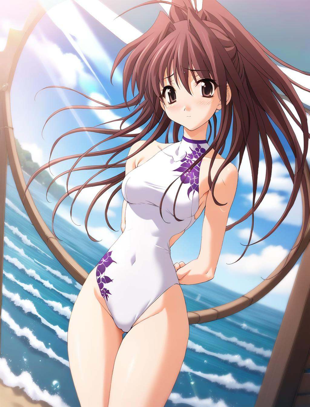 1girl,  Fujiwara Miyabi,  white backless one-piece swimsuit on Tensor.Art