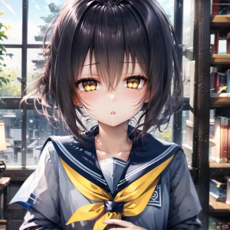 delicate face,kawaii,cute face,1girl, solo, looking at viewer, bangs, shirt, long sleeves, holding, hair between eyes, brown eyes, school uniform, blue hair, collarbone, yellow eyes, white shirt, upper body, ponytail, parted lips, serafuku, indoors, sailor collar, neckerchief, book, window, blue sailor collar, holding book, open book, bookshelf, black neckerchief, library,delicate face, kawaii, The highest picture quality, highest quality, and highest clarityThe highest picture quality, highest quality, and highest clarity,face close-up,<lora:EMS-302507-EMS:0.400000>,<lora:EMS-303221-EMS:0.100000>,<lora:EMS-304051-EMS:0.800000>