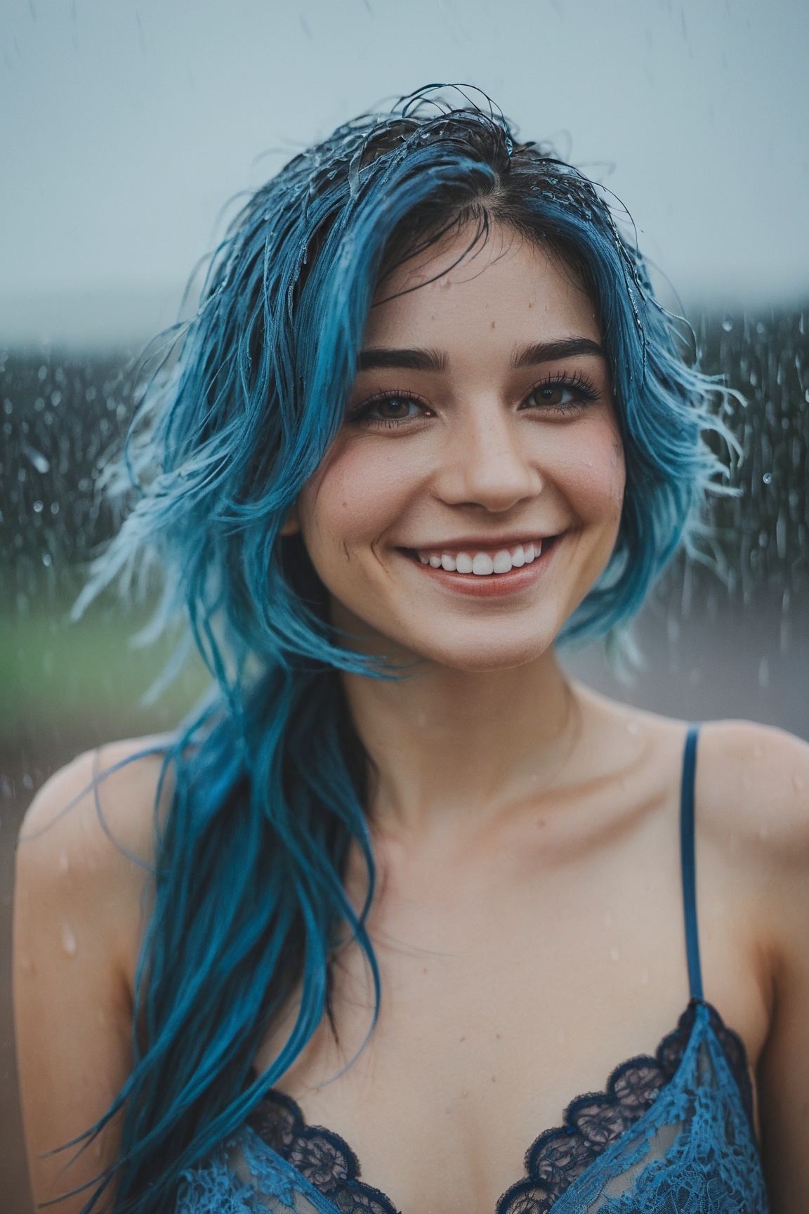 upper body of 20 years old blue hair woman,  wearing lace lingerie,  smiling under the rain on Tensor.Art