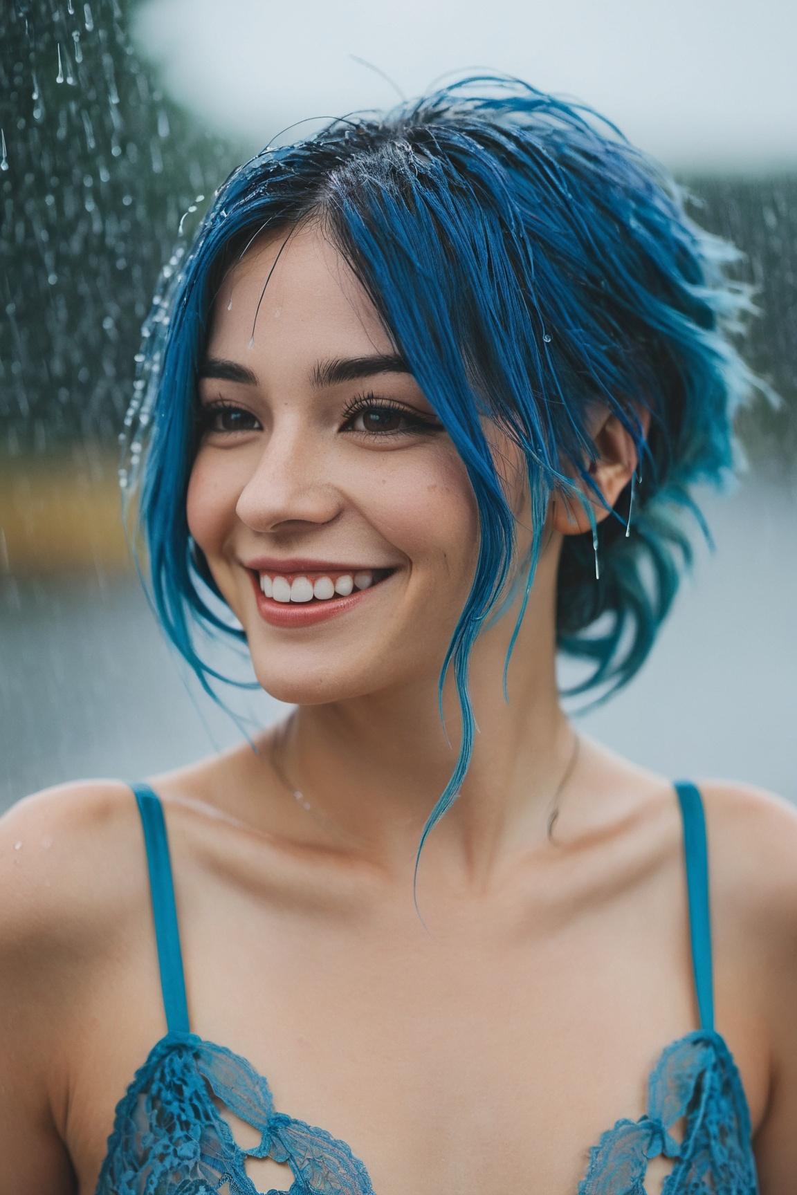 upper body of 20 years old blue hair woman,  wearing lace lingerie,  smiling under the rain on Tensor.Art