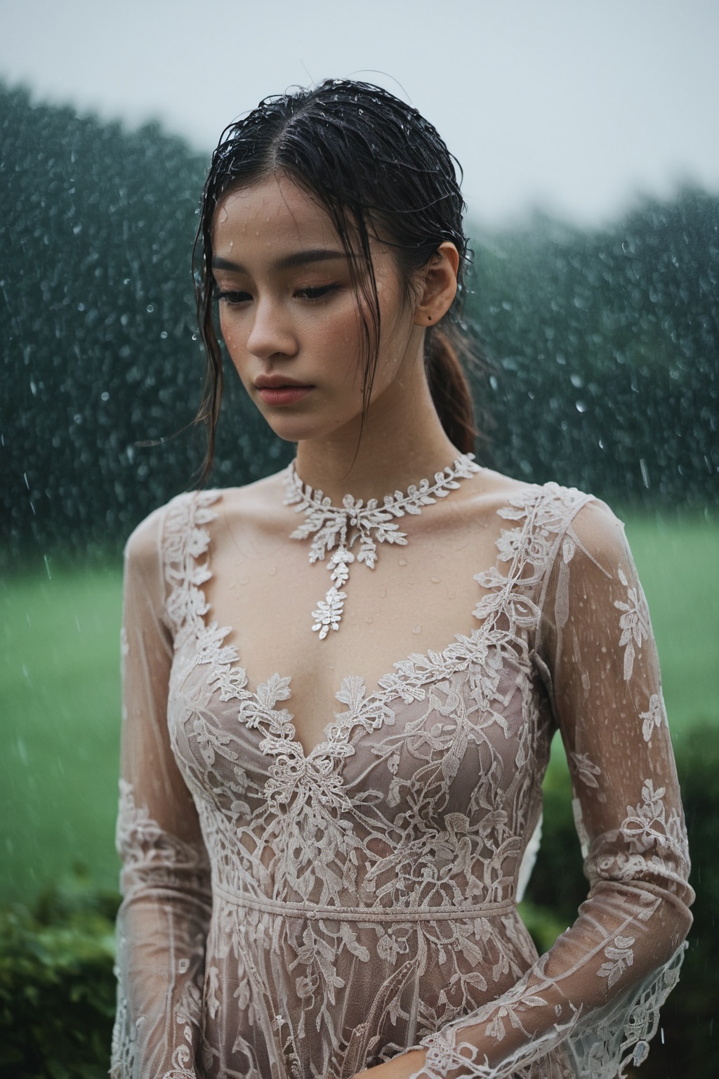 upper body of young woman wearing lace dress standing in the rain on Tensor.Art