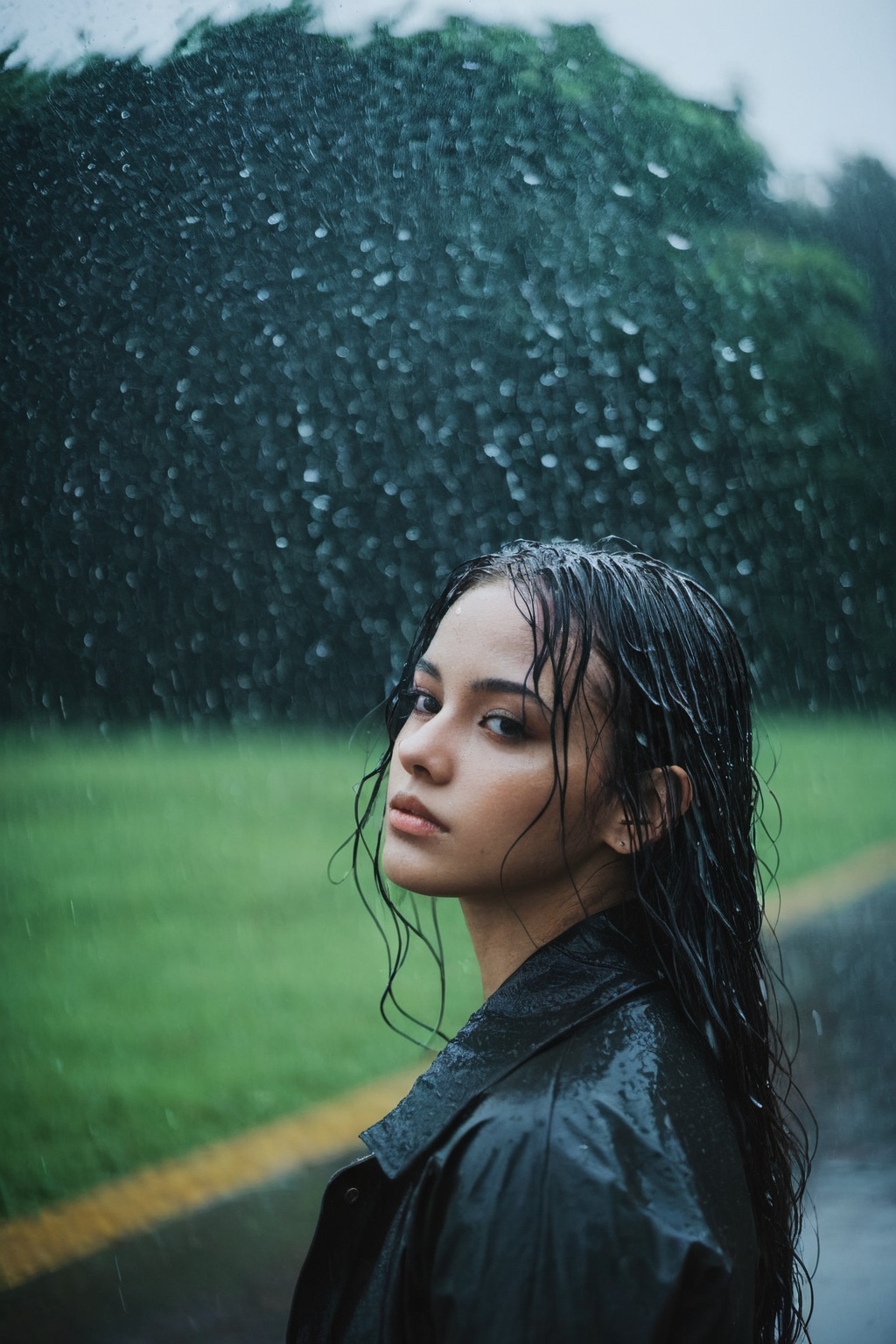 Young woman standing in the rain on Tensor.Art
