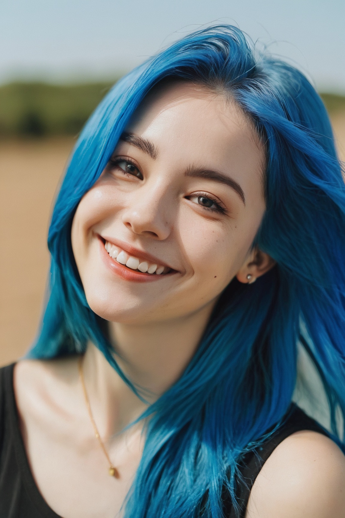 upper body of 22 years old blue hair woman,  smiling under the sunlight on Tensor.Art