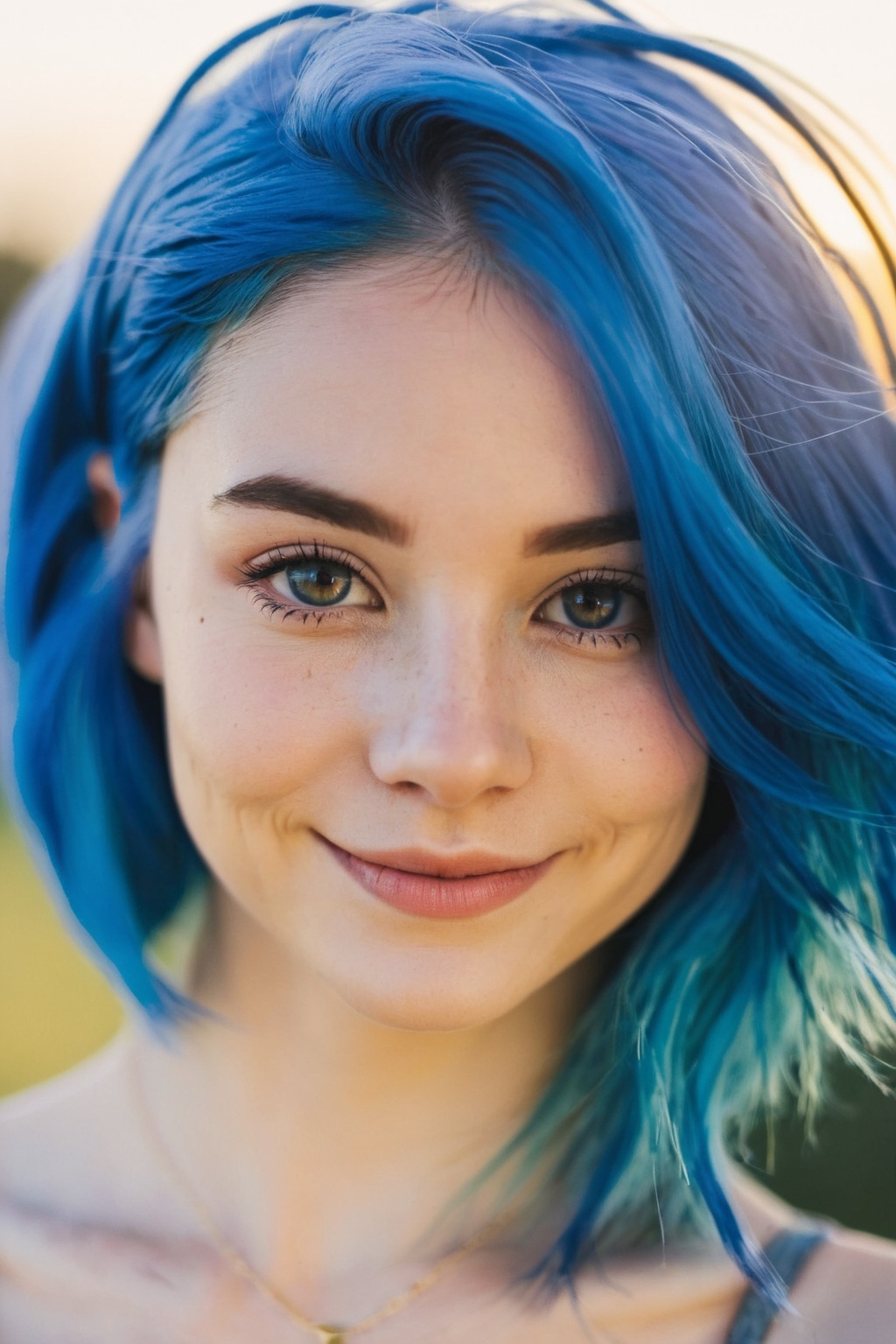upper body of 22 years old blue hair woman,  smiling under the sunlight on Tensor.Art