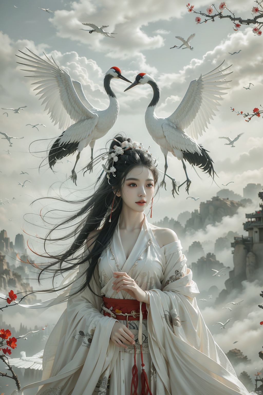  a girl,xianjing,Off-the-shoulder, white sling, bust photo,upper body,Hanfu, Cloud, Smoke,branch,flower,crane, smile,Gaze at the audience