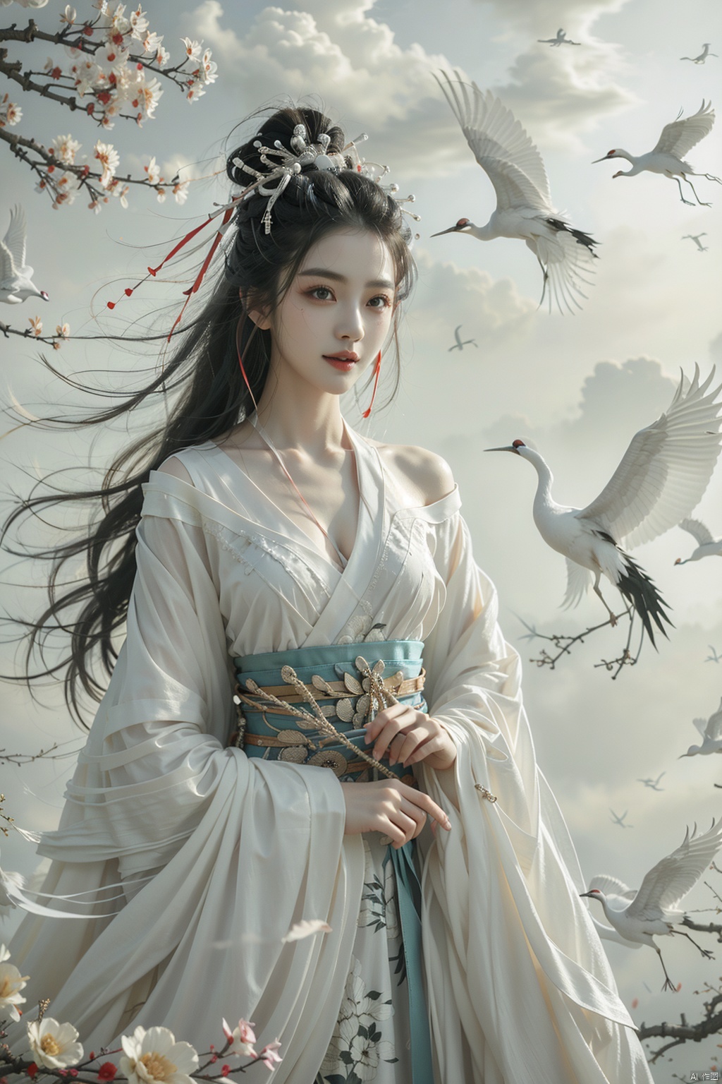  a girl,xianjing,Off-the-shoulder, white sling, bust photo,upper body,Hanfu, Cloud, Smoke,branch,flower, smile,Gaze at the audience