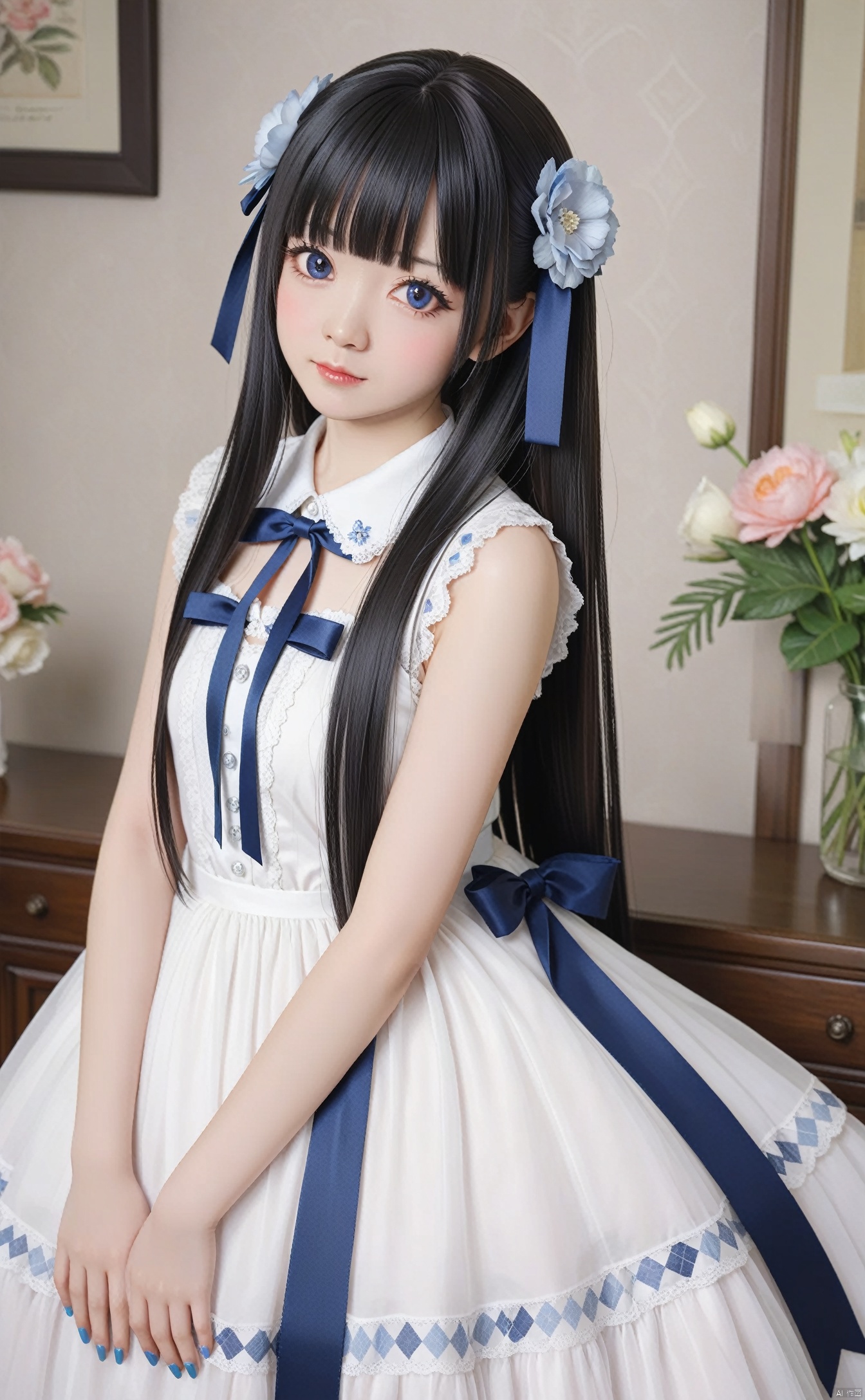 masterpiece,best quality,very long hair,cowboy shot,4349,1girl,long hair,solo,ribbon,hair ornament,blush,black hair,nail polish,hair flower,blue ribbon,flower,looking at viewer,blue nails,dress,argyle,bangs,very long hair,