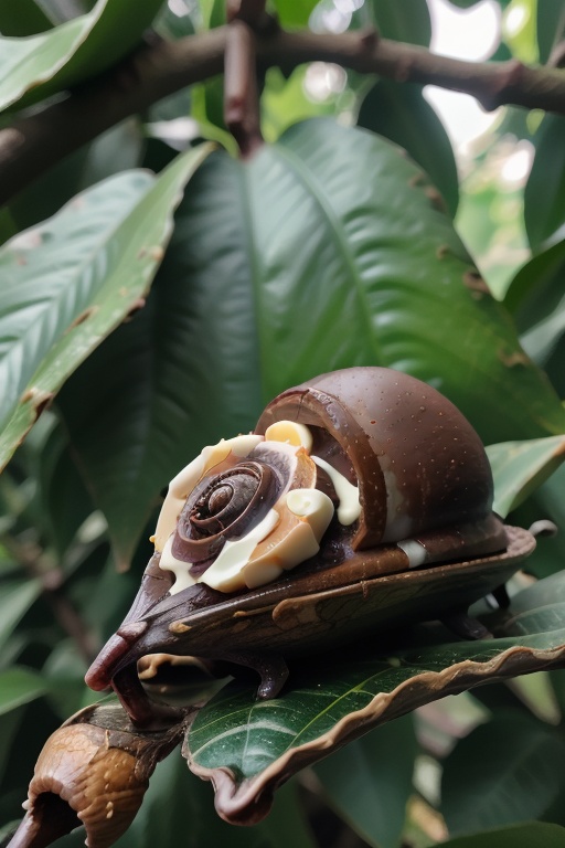 highly detailed snail sitting on a leaf in a tree,  with a white chocolate truffle shell perfect lighting,  shadows on Ten...