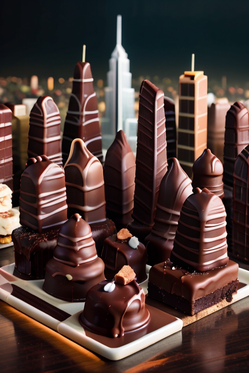 highly detailed chocolate bar squares in a city skyline with surrounding skyscrapers,  perfect lighting,  shadows on Tenso...