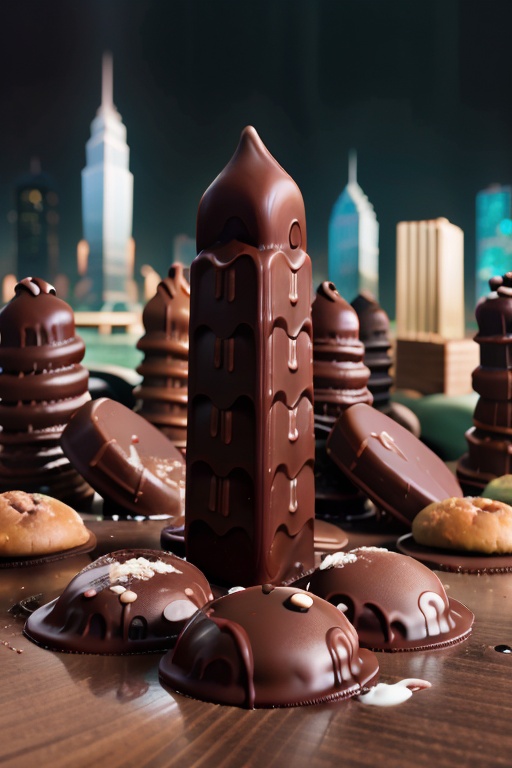 highly detailed chocolate bar in a city skyline with surrounding skyscraper,  perfect lighting,  shadows on Tensor.Art