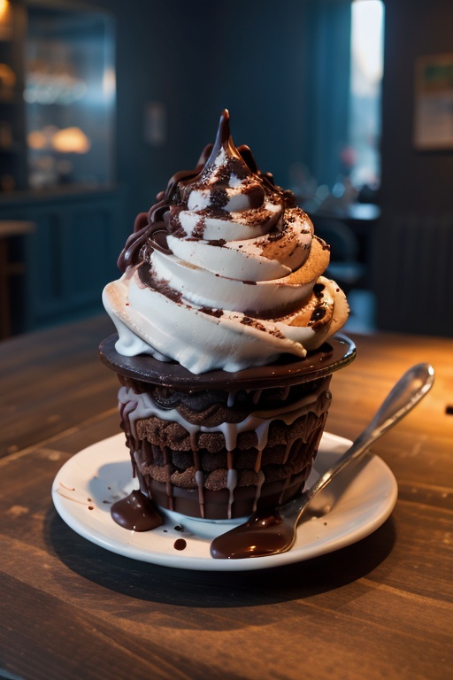 highly detailed mountain of soft serve twisted chocolate ice cream over a smaill village,  perfect lighting,  shadows on T...